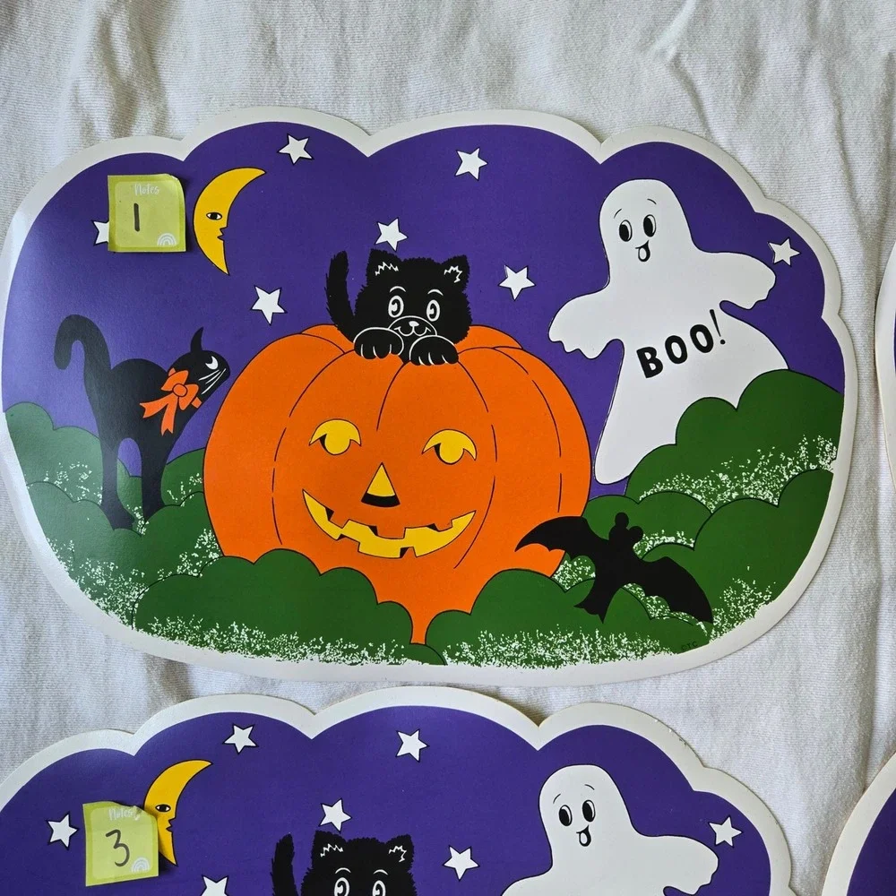 Vintage Halloween Placemats Black Cat Ghost Jack O Lantern Festive 90s Nostalgia